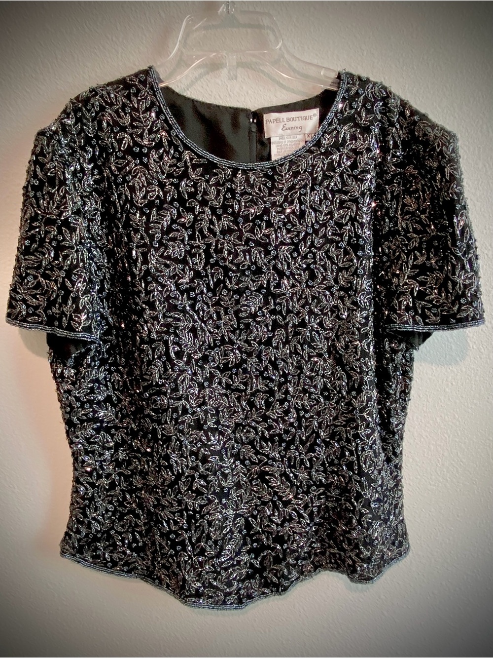 Papell Boutique Black Beaded Floral-Pattern Evening Blouse